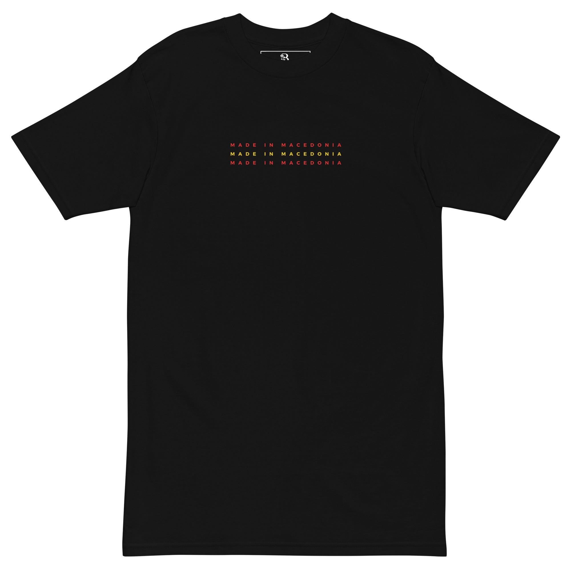 black shirt with made in macedonia text in macedonian flag colors minimalist design
