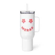 White Merak smiley face tumbler with pink retro lettering and floral design inspired by Balkan coffee and slow living culture