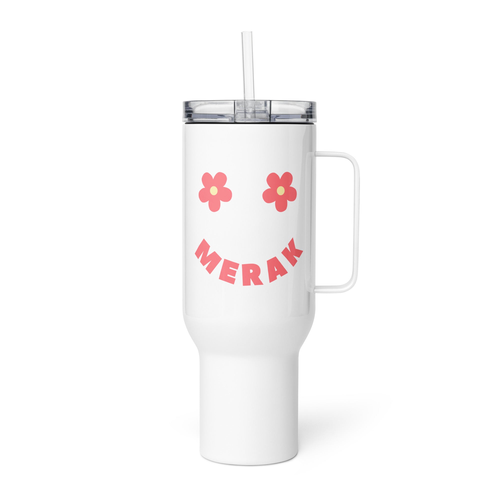 White Merak smiley face tumbler with pink retro lettering and floral design inspired by Balkan coffee and slow living culture