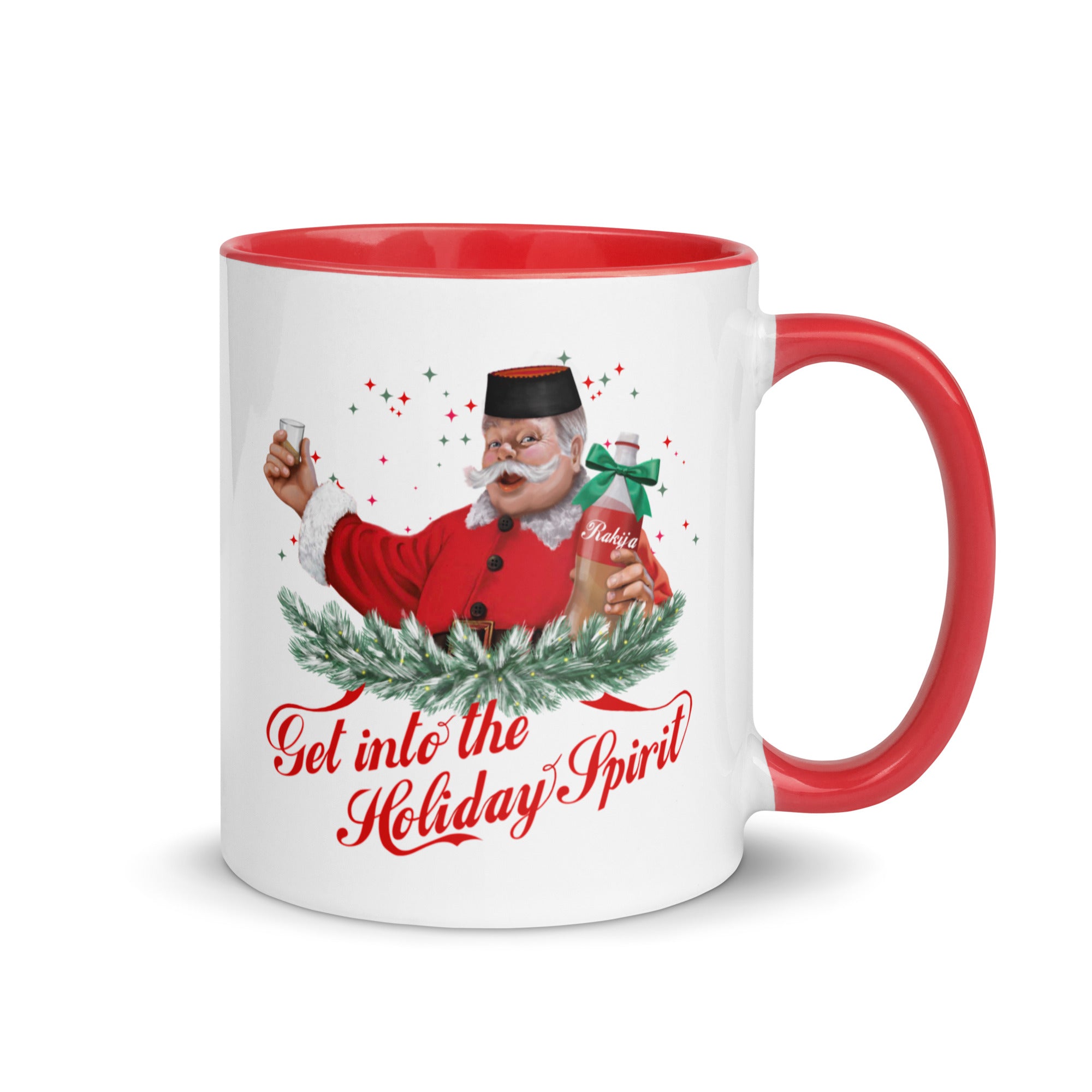 Montenegrin Christmas mug featuring Santa holding a bottle of rakija – Balkanish design