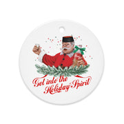 Red Christmas ornament featuring Montenegrin Santa with rakija bottle — Balkan holiday design
