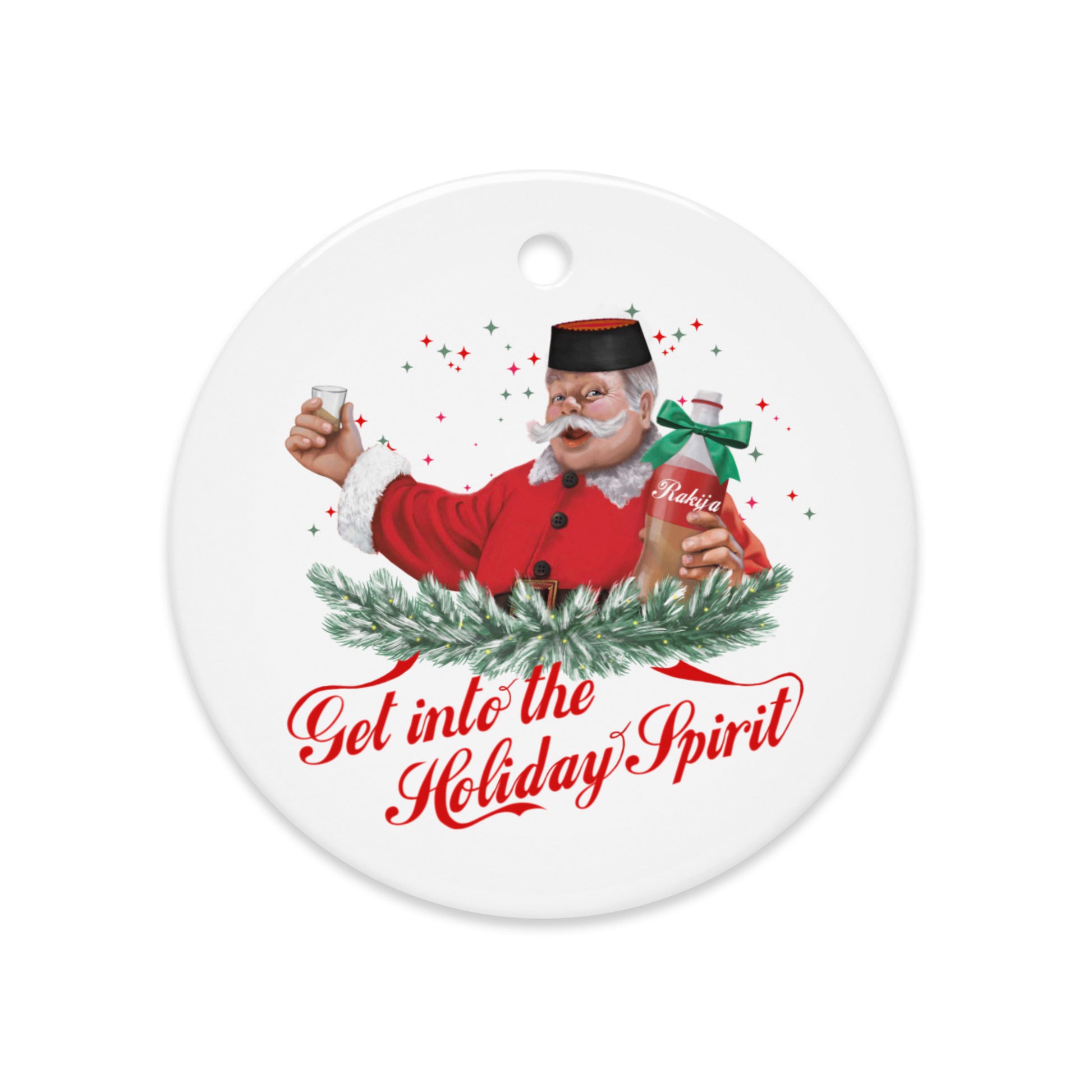 Red Christmas ornament featuring Montenegrin Santa with rakija bottle — Balkan holiday design