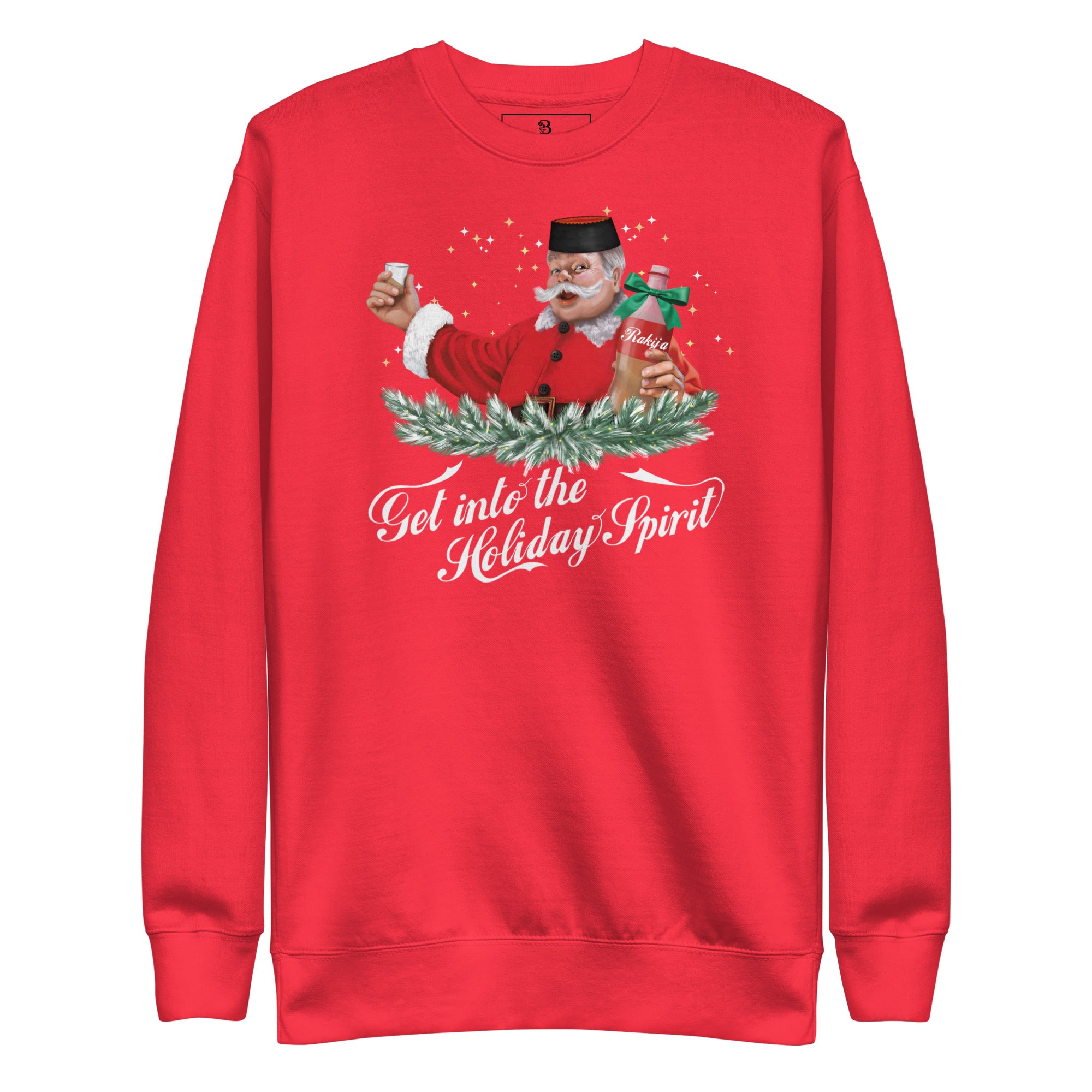 Red Montenegrin Christmas sweater featuring Santa with rakija bottle — funny Balkan Santa design