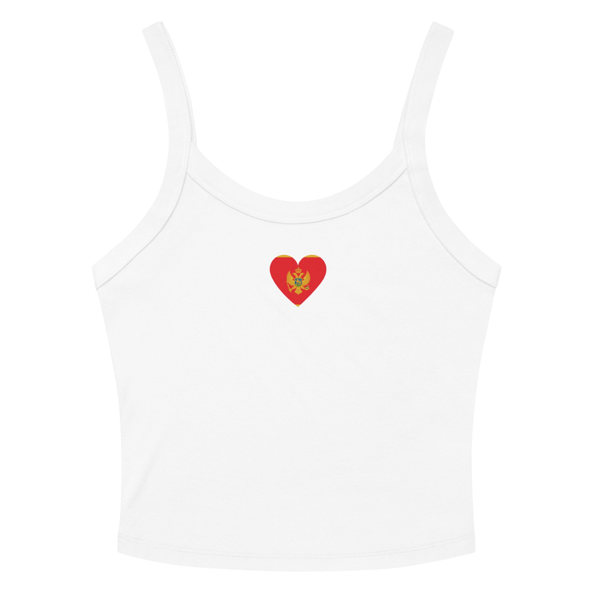 Women’s white crop tank top with a small Montenegrin flag heart design on the front