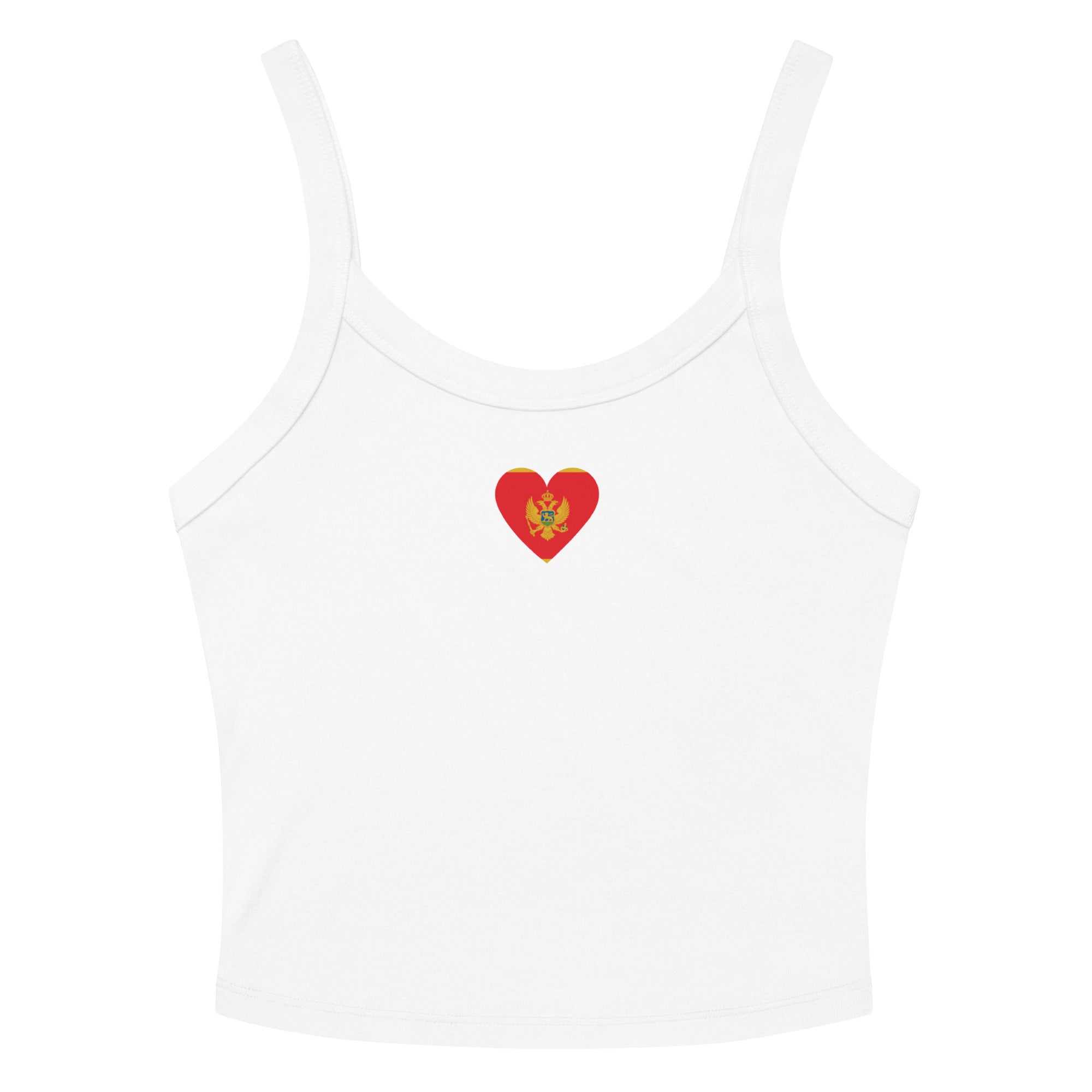 Women’s white crop tank top with a small Montenegrin flag heart design on the front