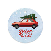 Red Yugo ornament with “Srećan Božić” — Montenegrin Christmas decor