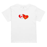 Woman wearing a Montenegro and Canada hearts high waisted t-shirt featuring hand-drawn watercolor flag hearts for the Montenegrin Canadian diaspora.