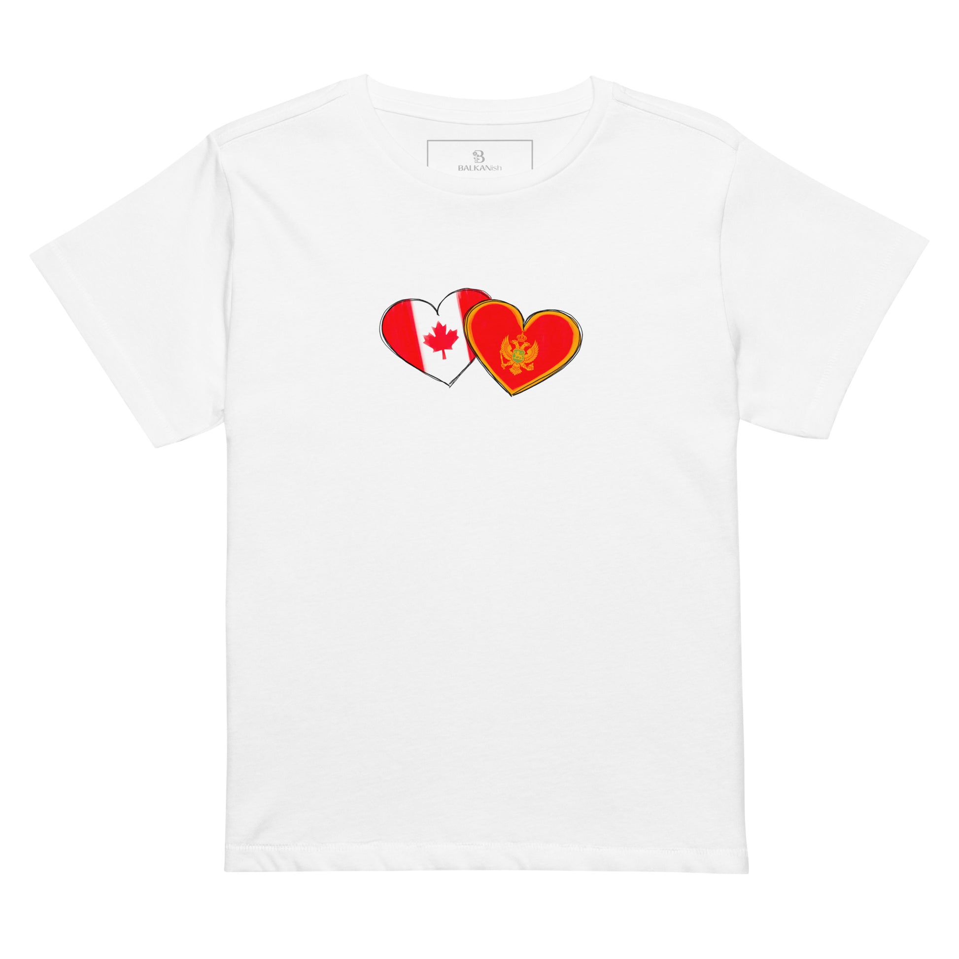 Woman wearing a Montenegro and Canada hearts high waisted t-shirt featuring hand-drawn watercolor flag hearts for the Montenegrin Canadian diaspora.