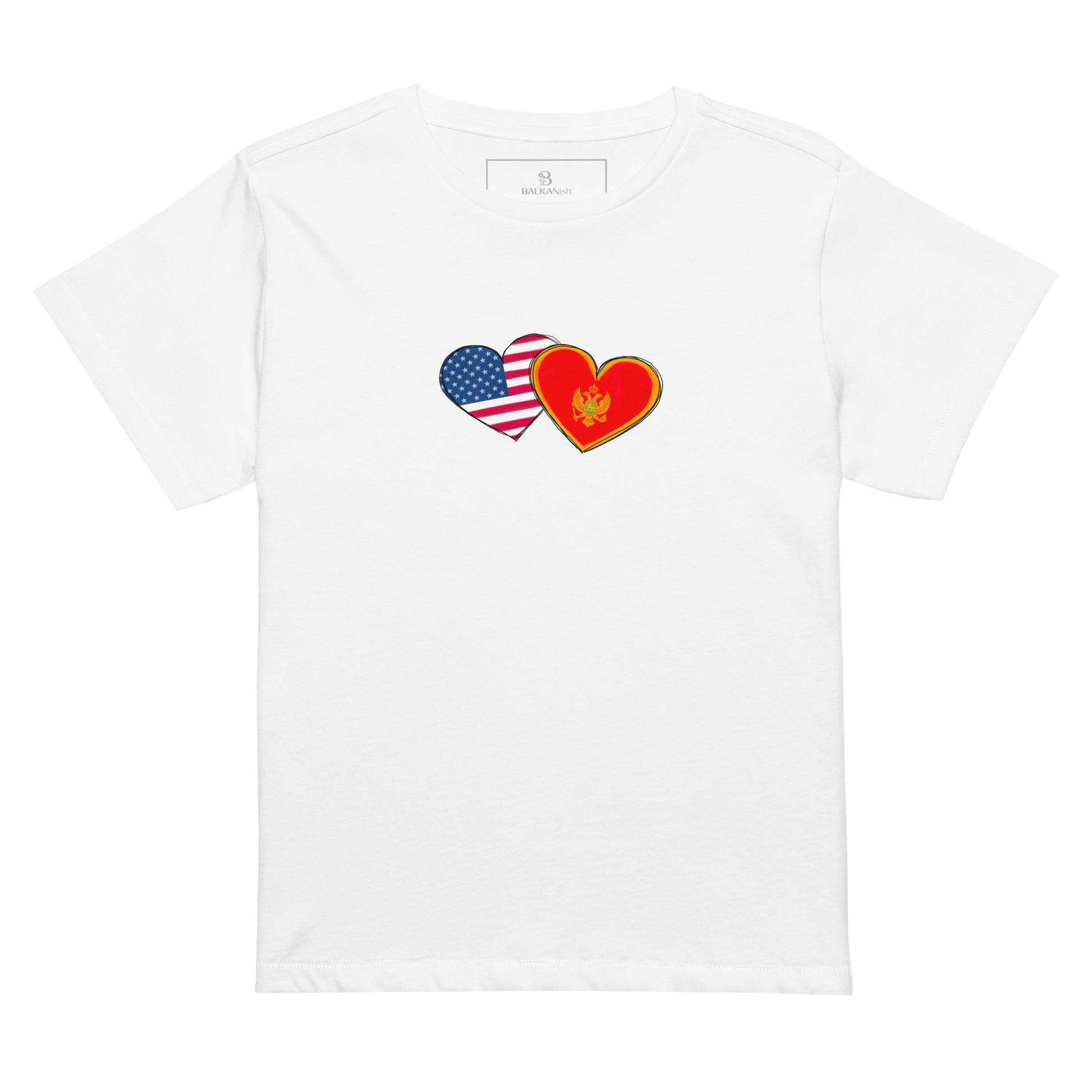 Woman wearing a Montenegro and USA hearts high waisted t-shirt featuring hand-drawn watercolor flag hearts for the Montenegrin American diaspora.
