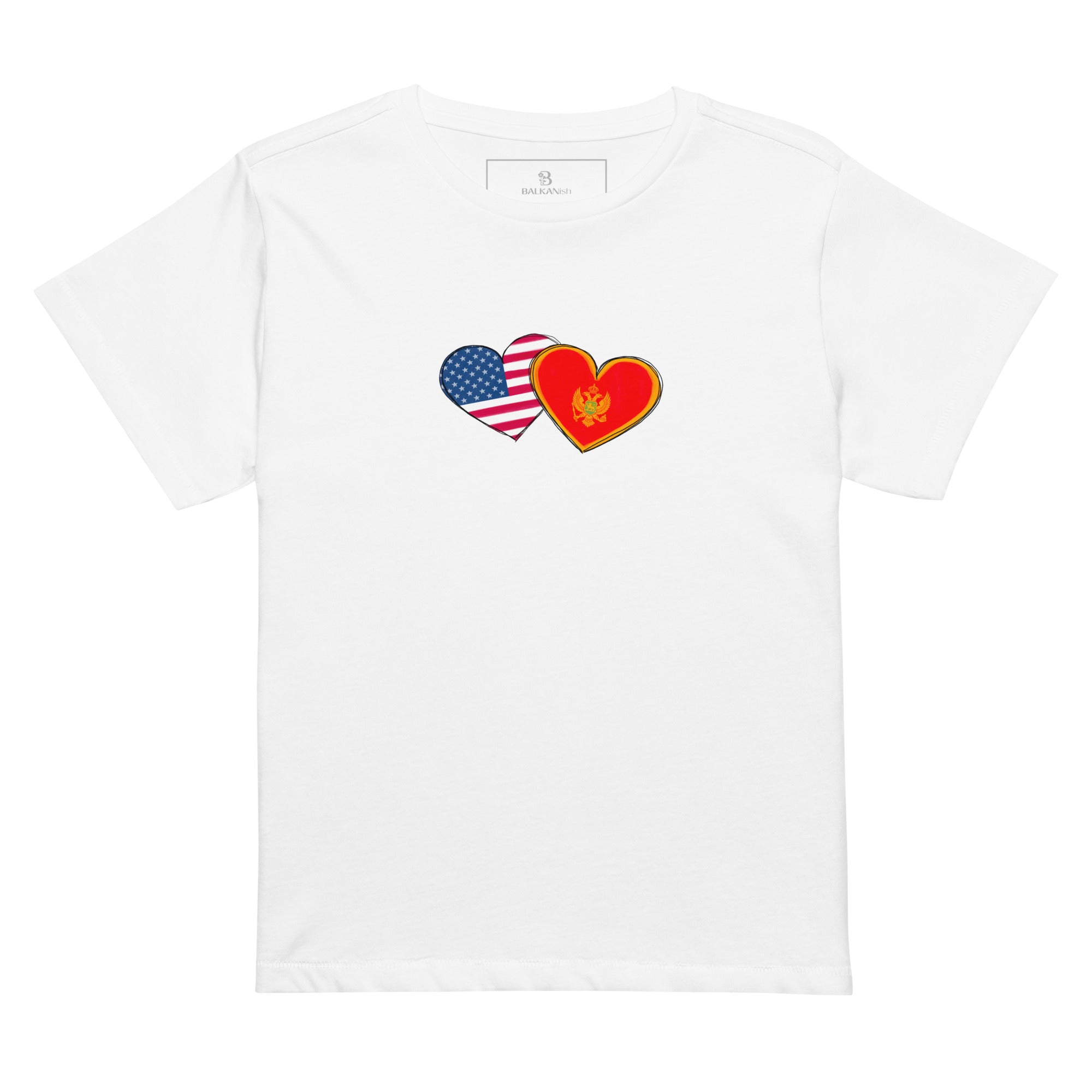 Woman wearing a Montenegro and USA hearts high waisted t-shirt featuring hand-drawn watercolor flag hearts for the Montenegrin American diaspora.