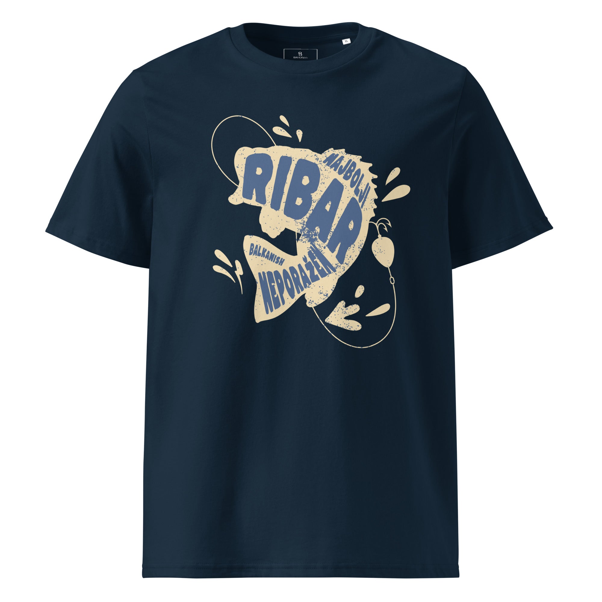 Navy blue Najbolji Ribar Neporažen Balkan fishing shirt with distressed fish graphic and vintage typography