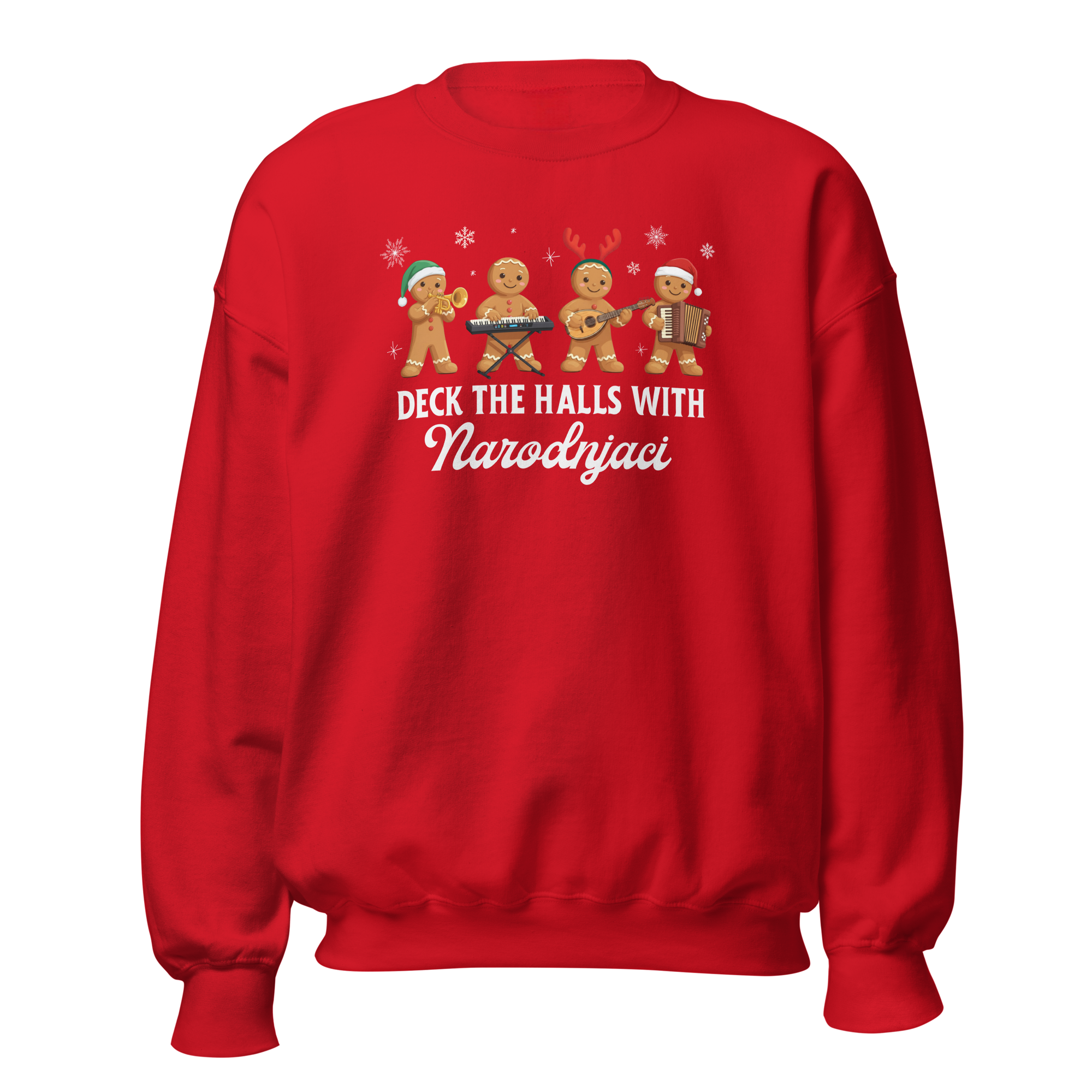 Narodnjaci gingerbread Christmas sweater with gingerbread musicians.