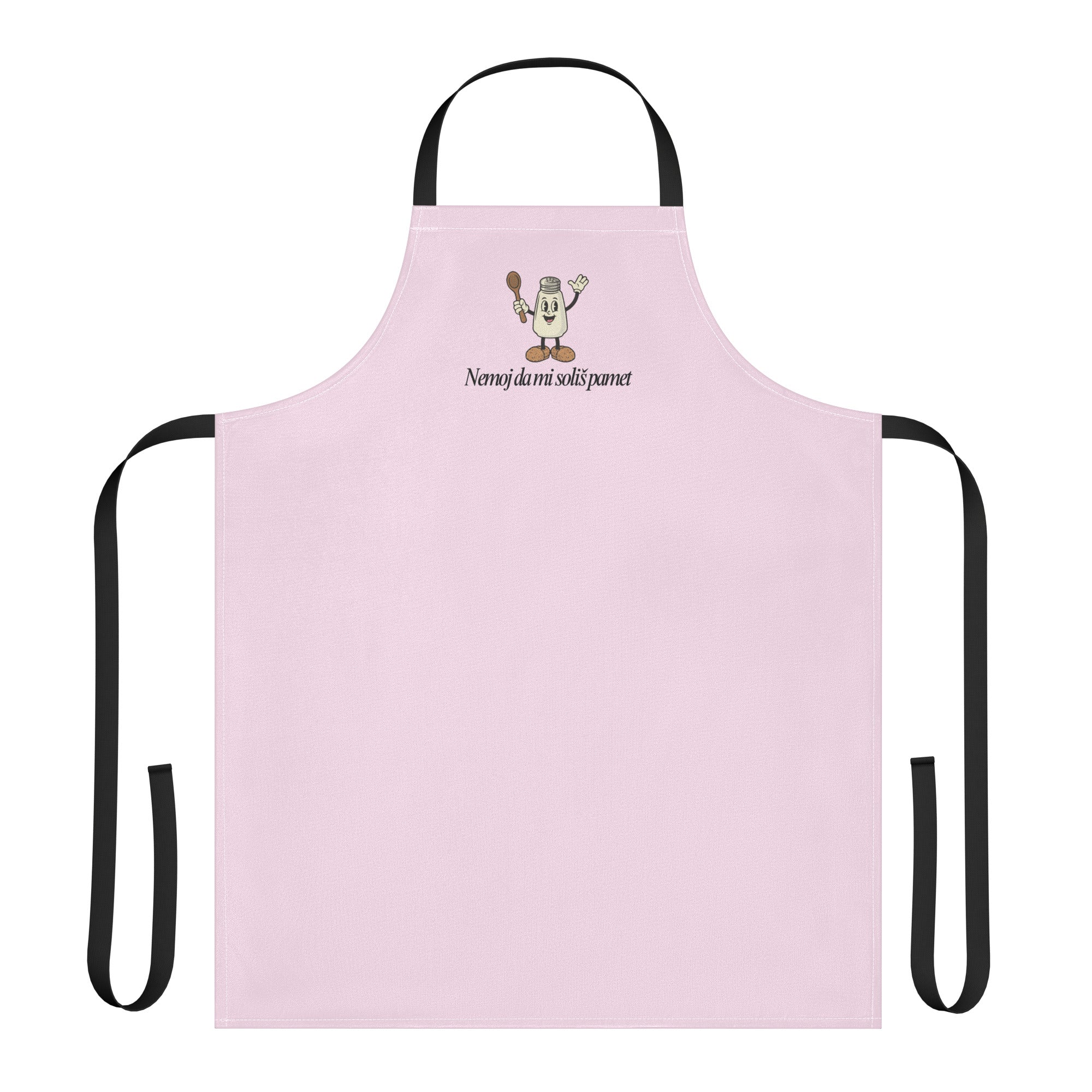 Balkan apron featuring a smiling salt shaker holding a spoon above the phrase “Nemoj da mi soliš pamet”.