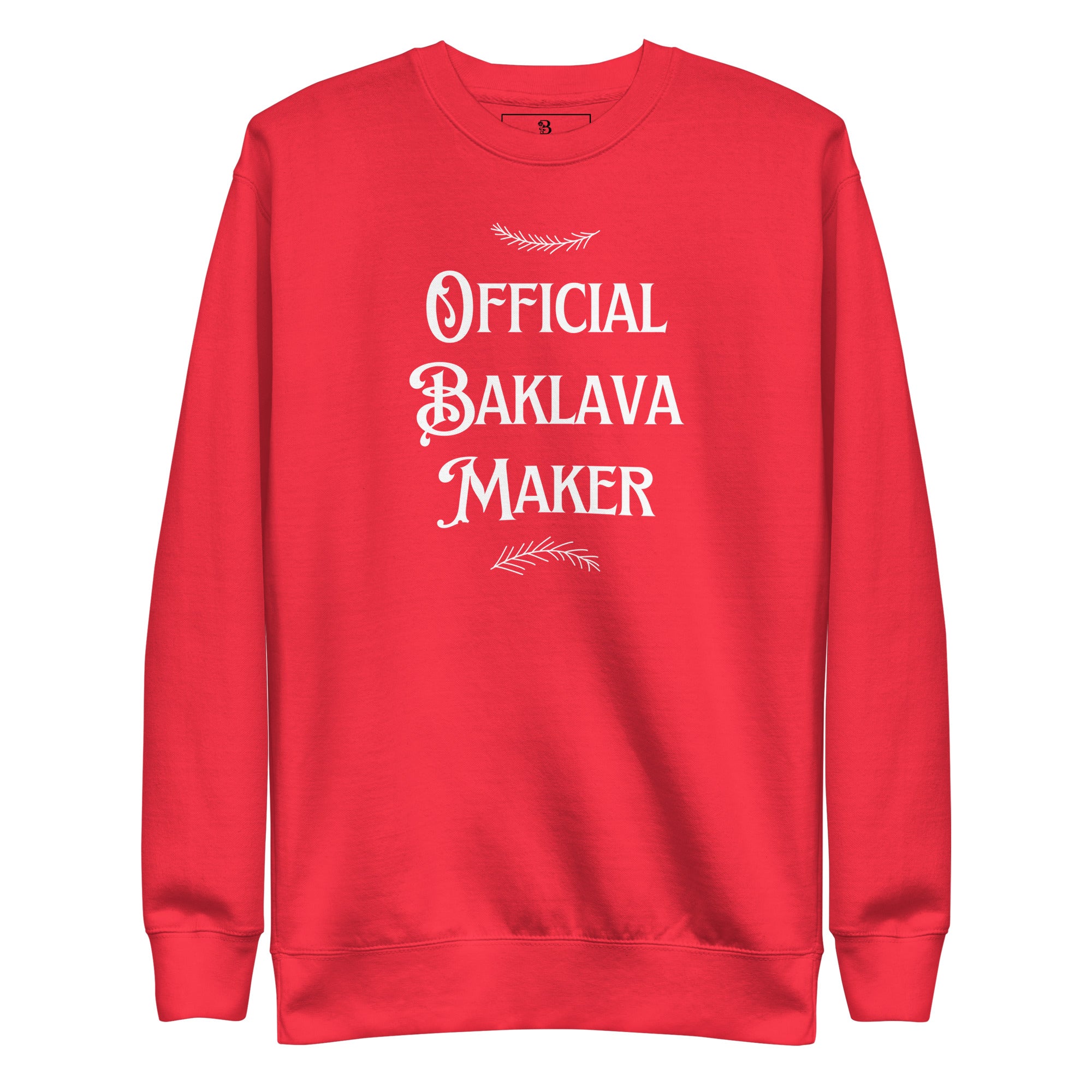 Red Christmas crewneck with “Official Baklava Maker” text