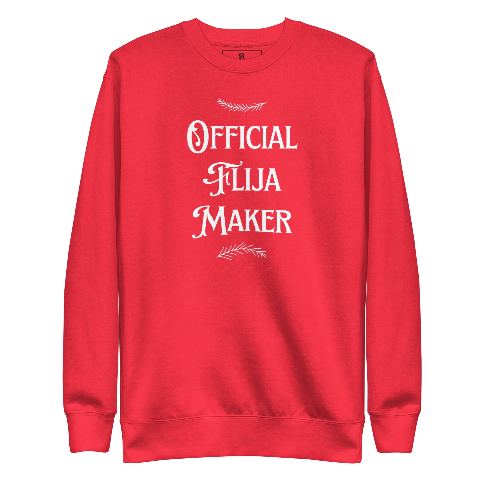 Red Christmas crewneck with “Official Flija Maker” text