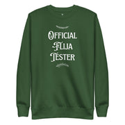 Green Christmas crewneck with “Official Flija Tester” text