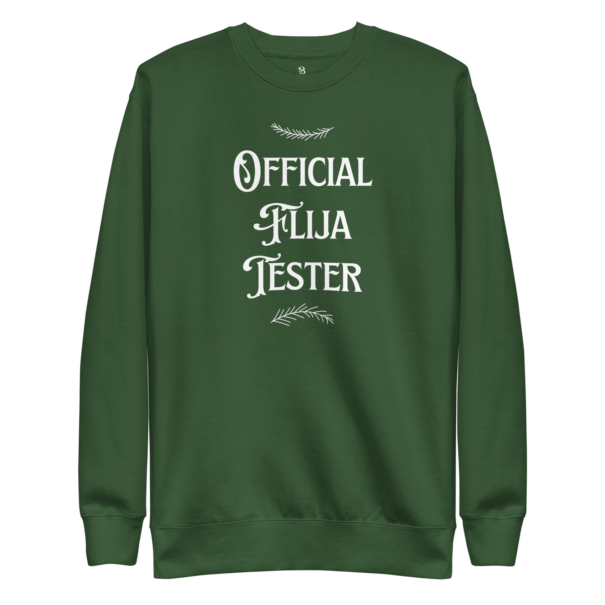 Green Christmas crewneck with “Official Flija Tester” text