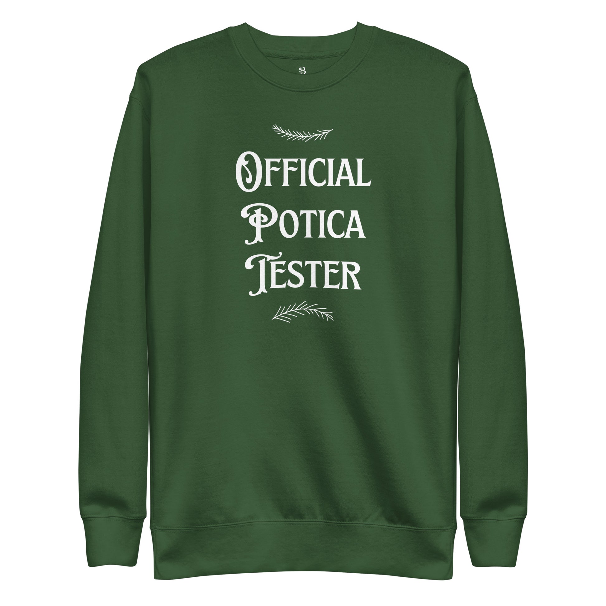 Green Christmas crewneck with “Official Potica Tester” text
