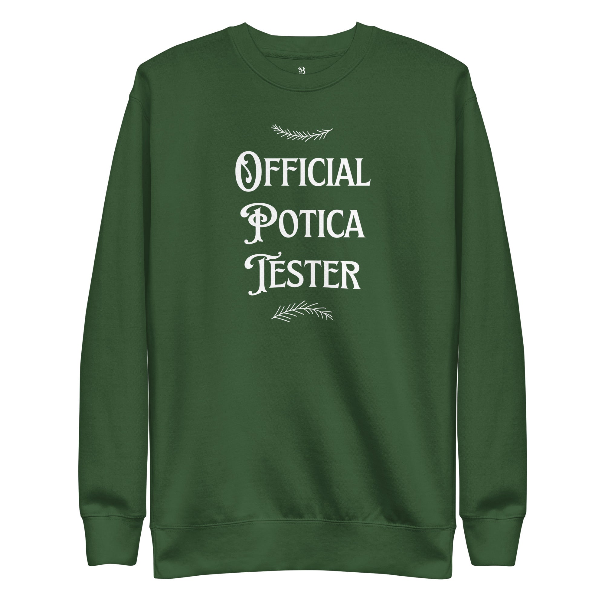 Green Christmas crewneck with “Official Potica Tester” text