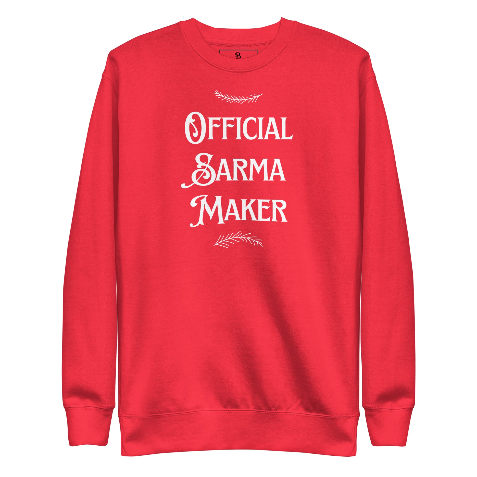Red Christmas crewneck with “Official Sarma Maker” text