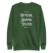 Green Christmas crewneck with “Official Sarma Tester” text