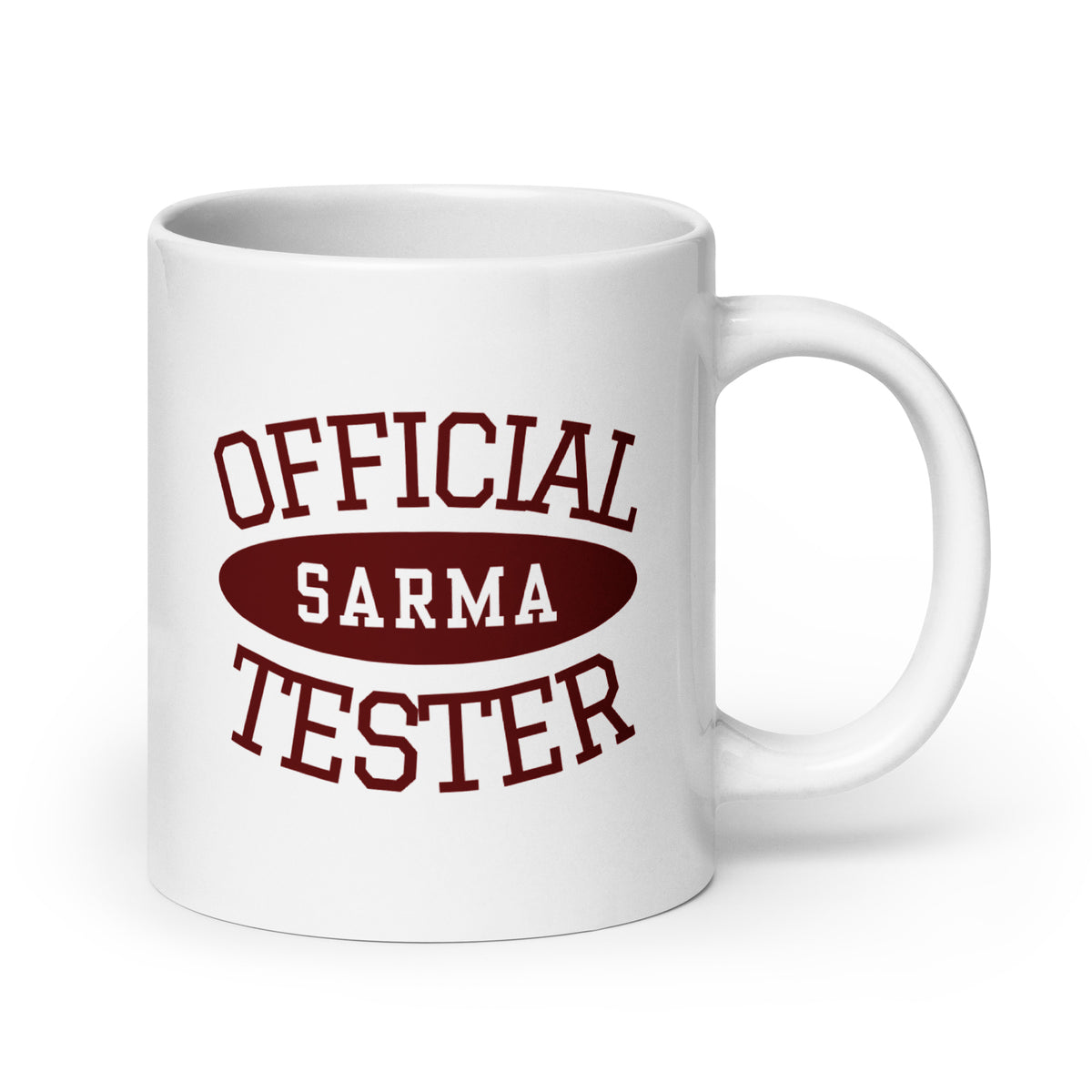 white mug with official sarma tester text design in vintage red lettering