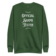 Green Christmas crewneck with “Official Sarmi Tester” text