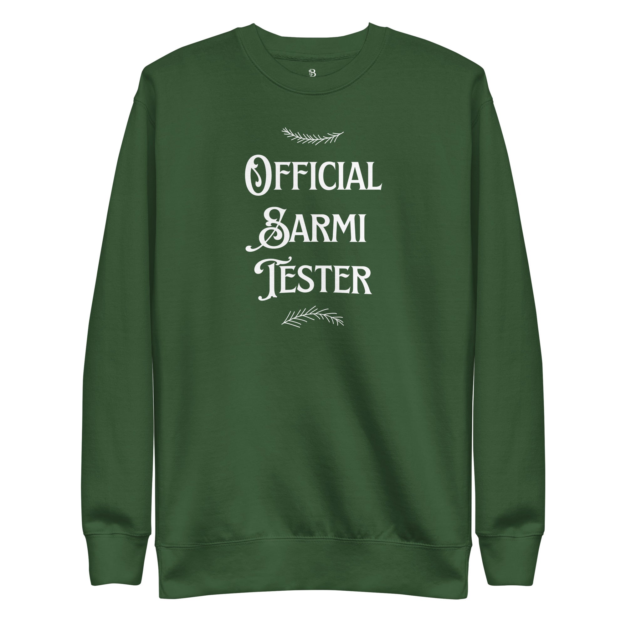 Green Christmas crewneck with “Official Sarmi Tester” text