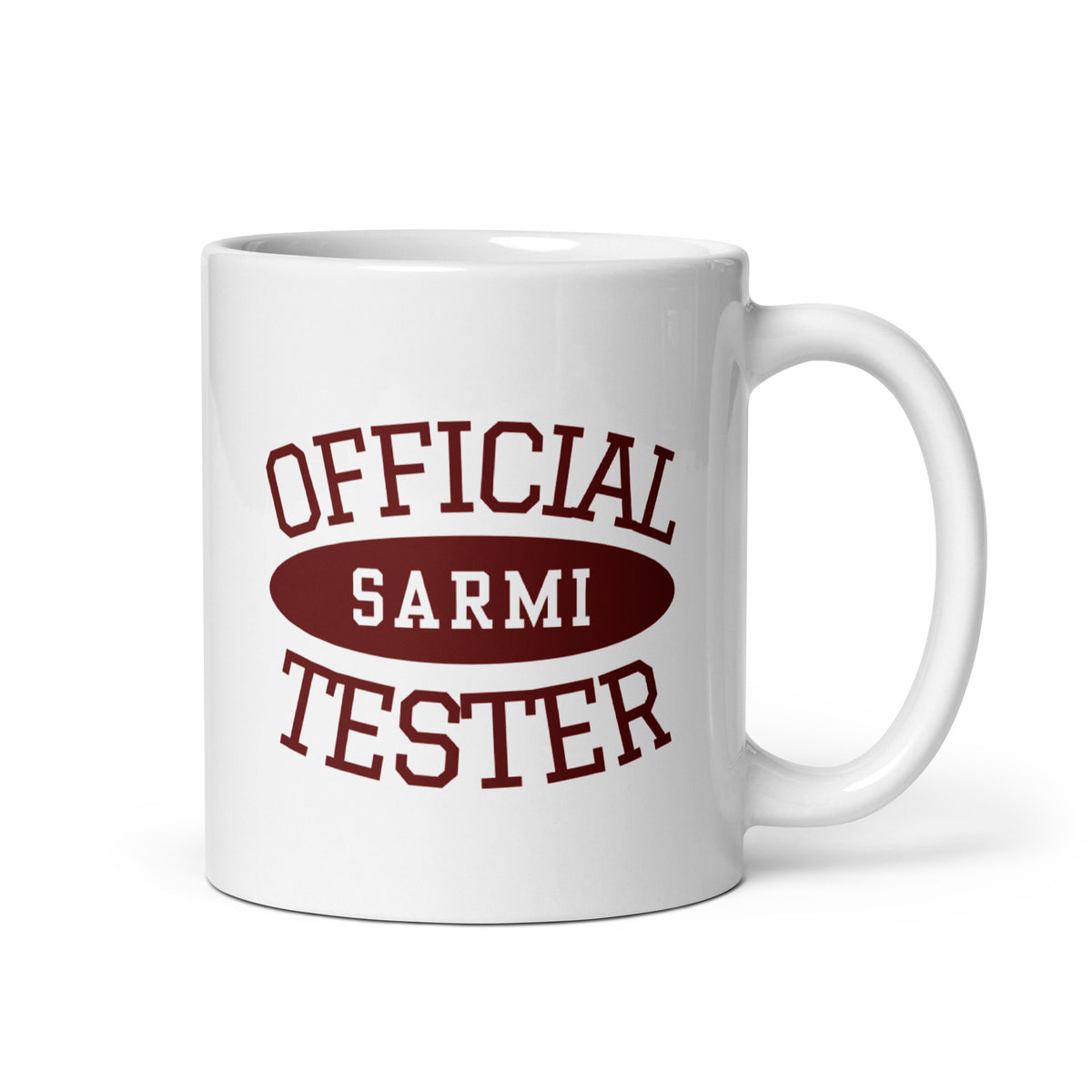 white mug with official sarmi tester text design in vintage red lettering