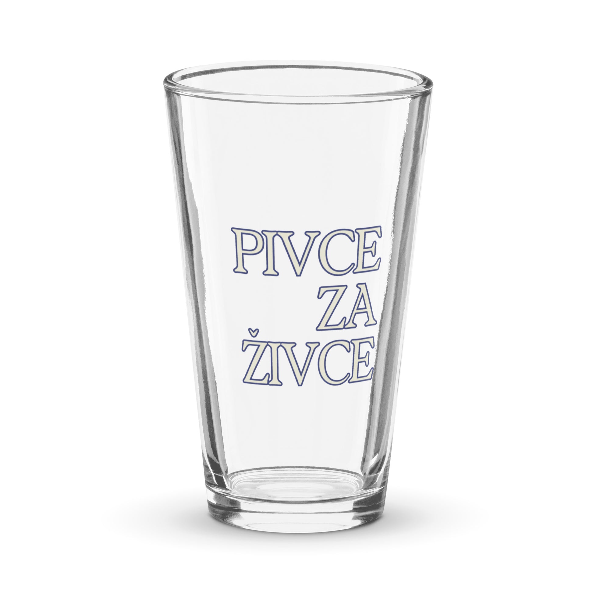 Clear pint glass with the phrase “Pivce za Živce” printed in light lettering.