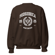 Podgorica Montenegro varsity crewneck sweatshirt espresso brown front view