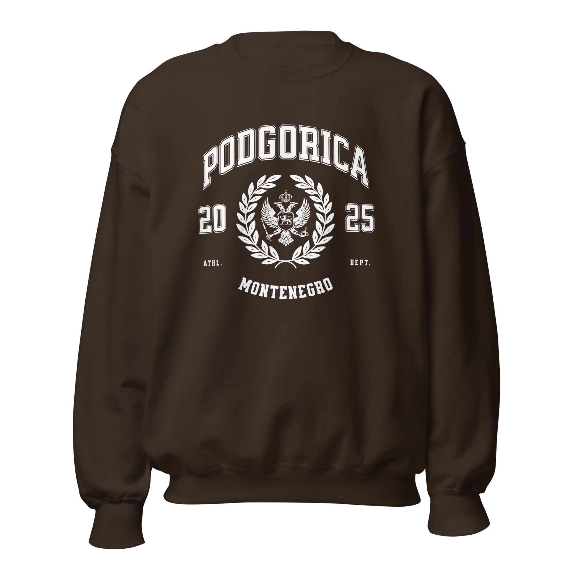 Podgorica Montenegro varsity crewneck sweatshirt espresso brown front view
