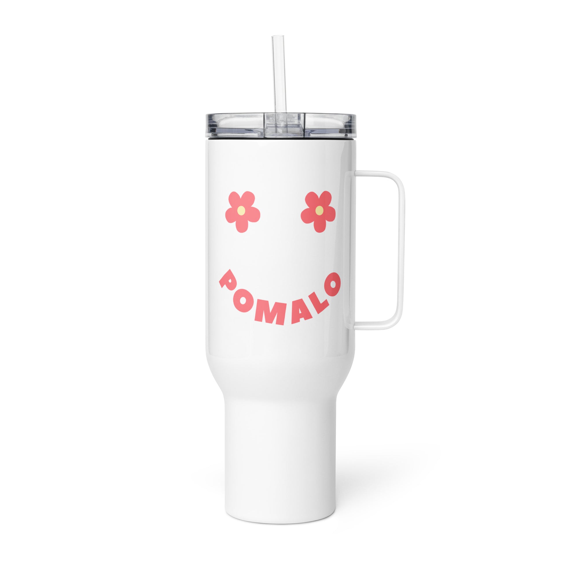 White Pomalo smiley face tumbler with pink retro lettering and floral design inspired by relaxed Balkan coastal culture