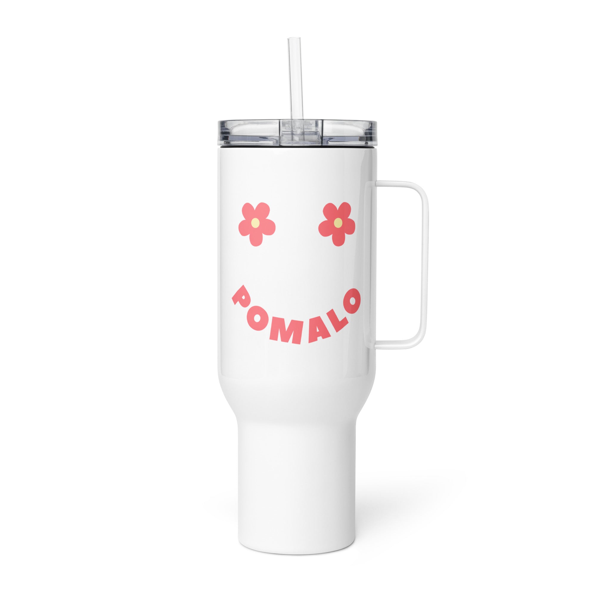 White Pomalo smiley face tumbler with pink retro lettering and floral design inspired by relaxed Balkan coastal culture