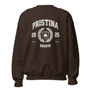 Pristina Kosovo varsity crewneck sweatshirt espresso brown front view