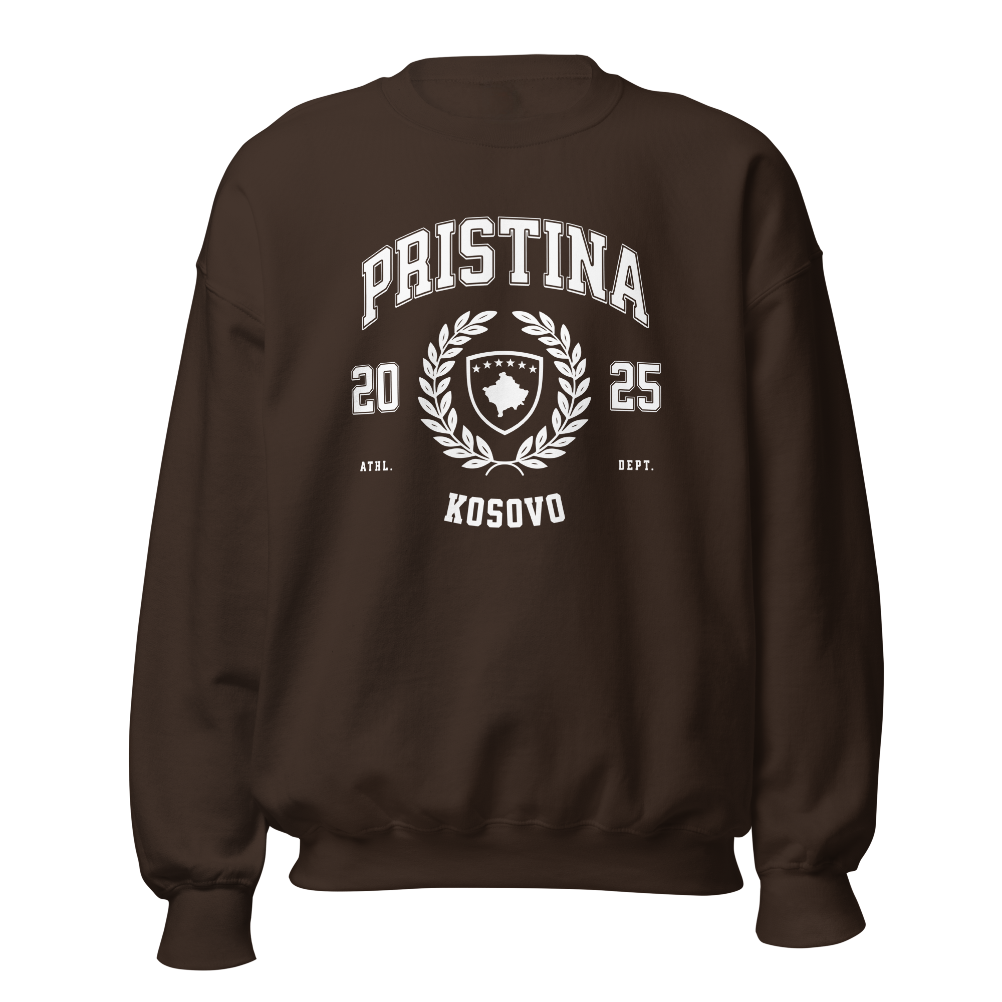 Pristina Kosovo varsity crewneck sweatshirt espresso brown front view