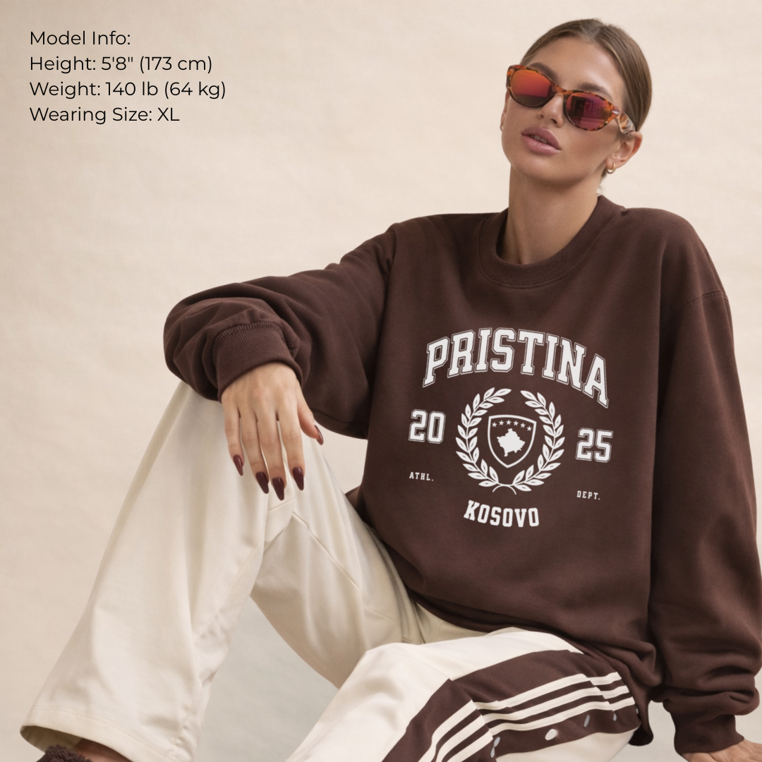 Person wearing a brown sweatshirt with 'Pristina 2025 Kosovo' text, sitting on a beige background.