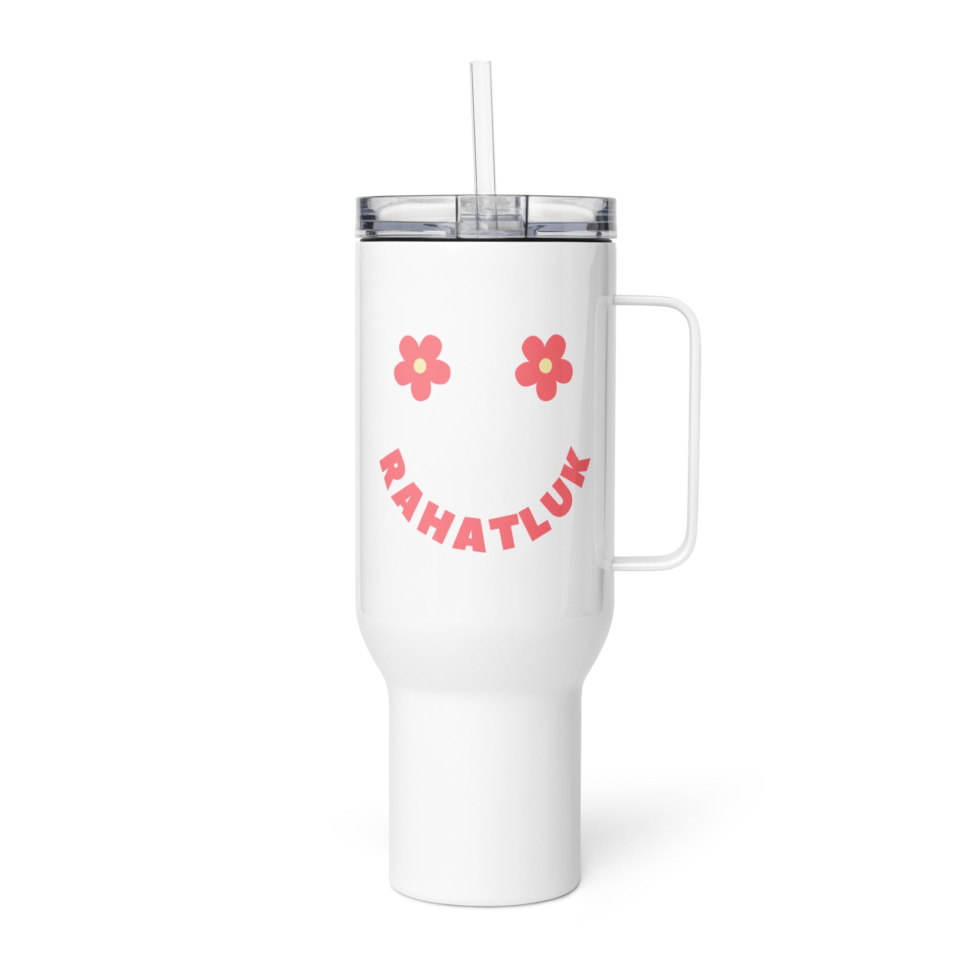 White Rahatluk smiley face tumbler with pink retro lettering and floral design inspired by cozy Balkan coffee culture