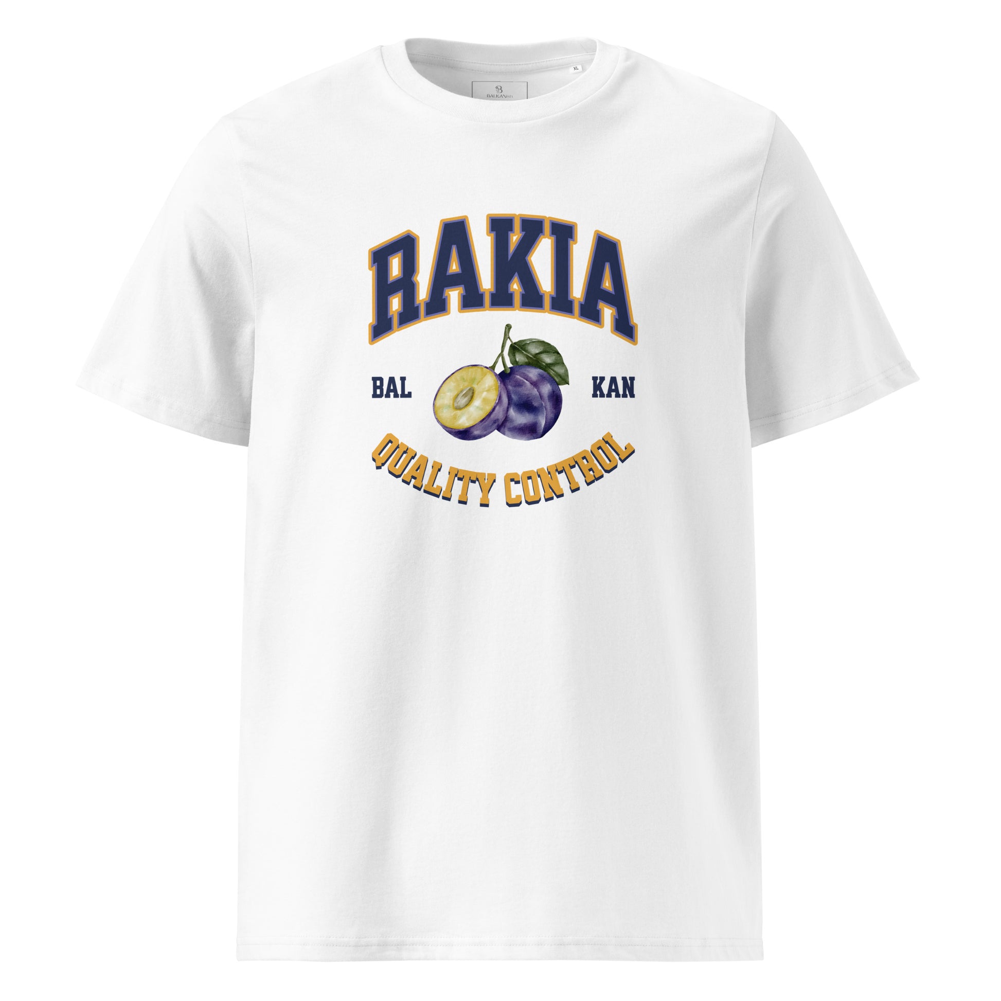 white men's shirt with rakia quality control varsity design and fruit graphic