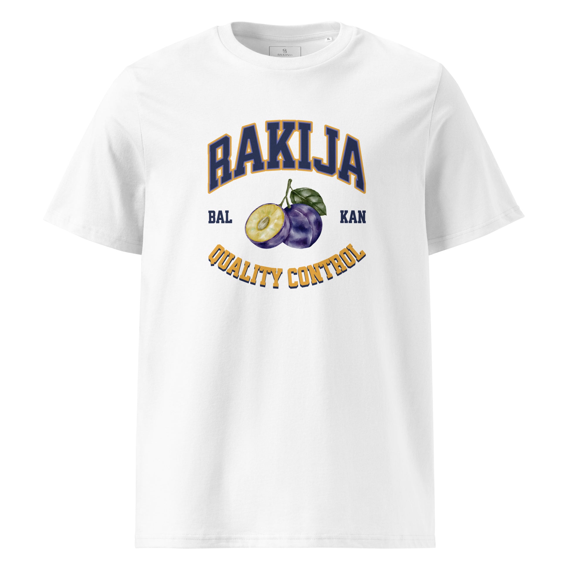 white men's shirt with rakija quality control varsity design and plum graphic