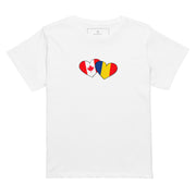 Woman wearing a Romania and Canada hearts high waisted t-shirt featuring hand-drawn watercolor flag hearts for the Romanian Canadian diaspora.