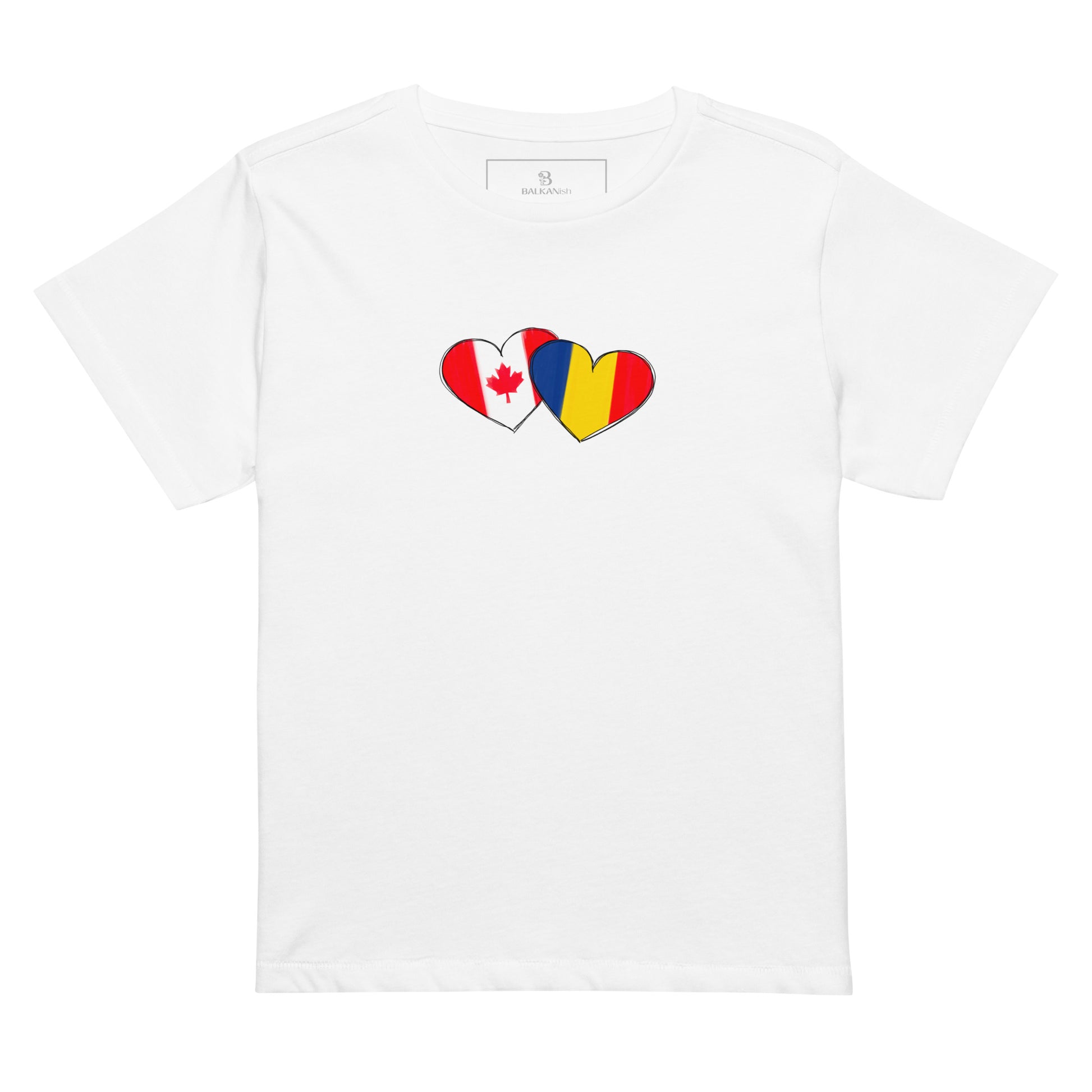 Woman wearing a Romania and Canada hearts high waisted t-shirt featuring hand-drawn watercolor flag hearts for the Romanian Canadian diaspora.