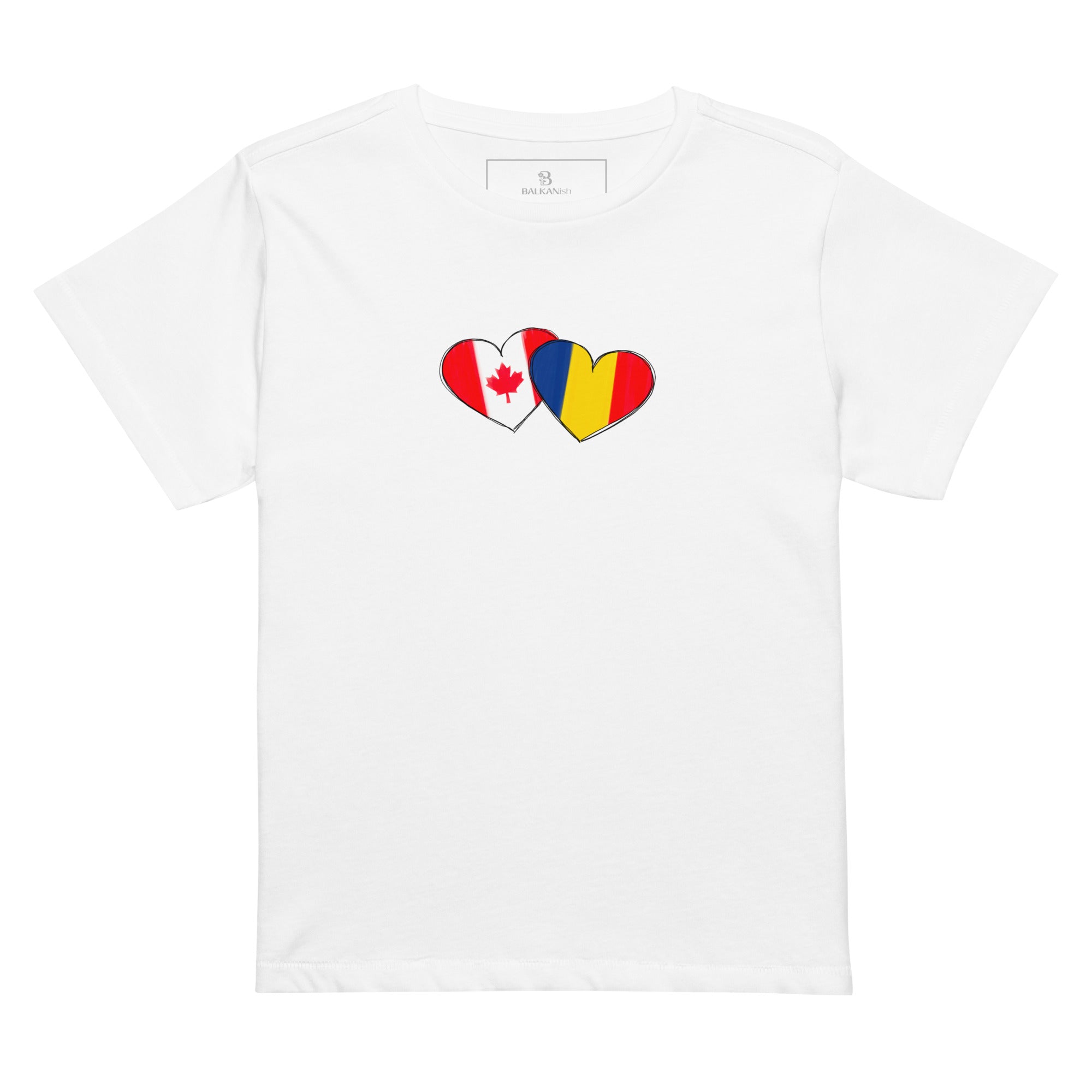 Woman wearing a Romania and Canada hearts high waisted t-shirt featuring hand-drawn watercolor flag hearts for the Romanian Canadian diaspora.