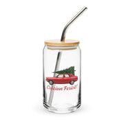 Romanian Christmas glass with red Dacia car carrying a Christmas tree and Crăciun Fericit text.