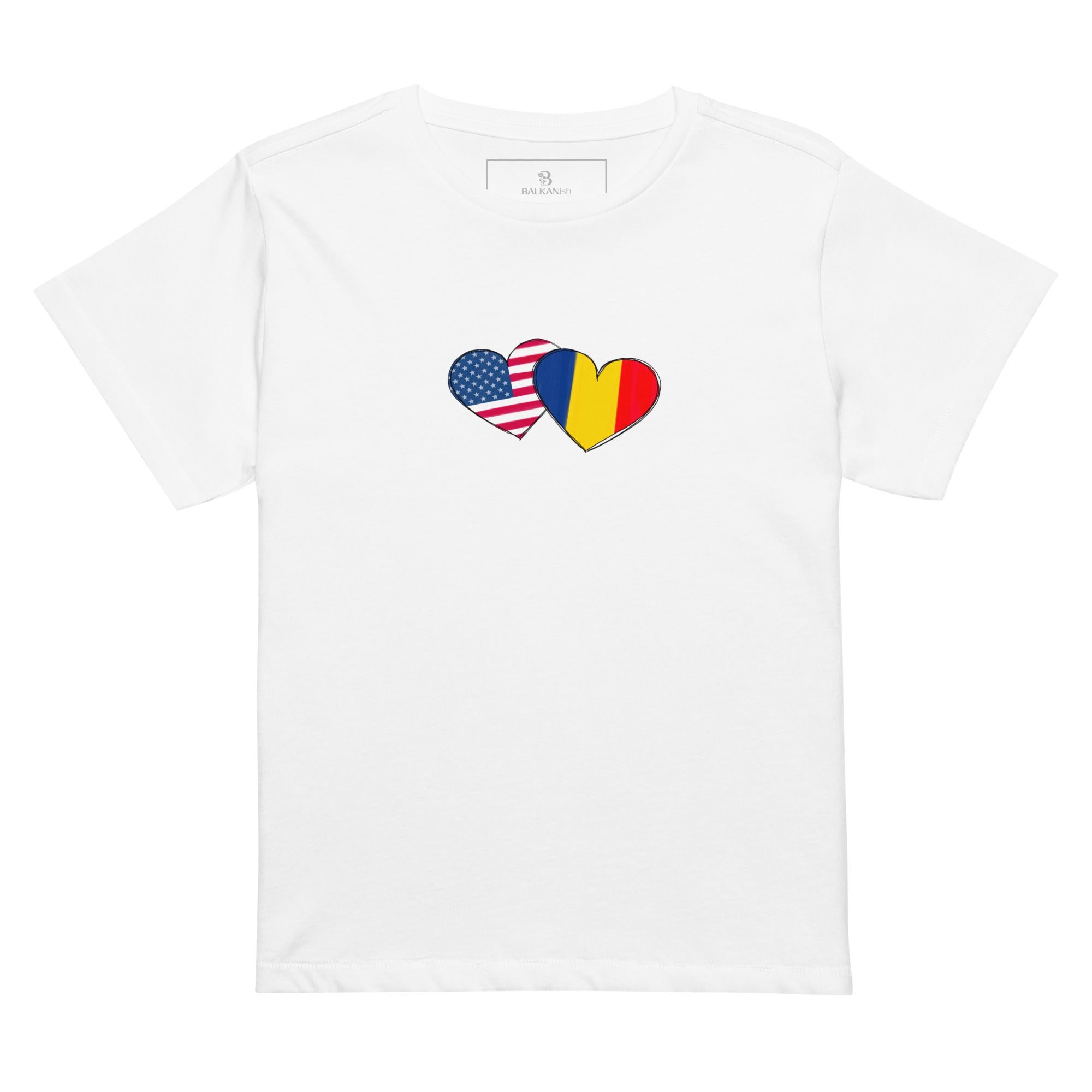 Woman wearing a Romania and USA hearts high waisted t-shirt featuring hand-drawn watercolor flag hearts for the Romanian American diaspora.