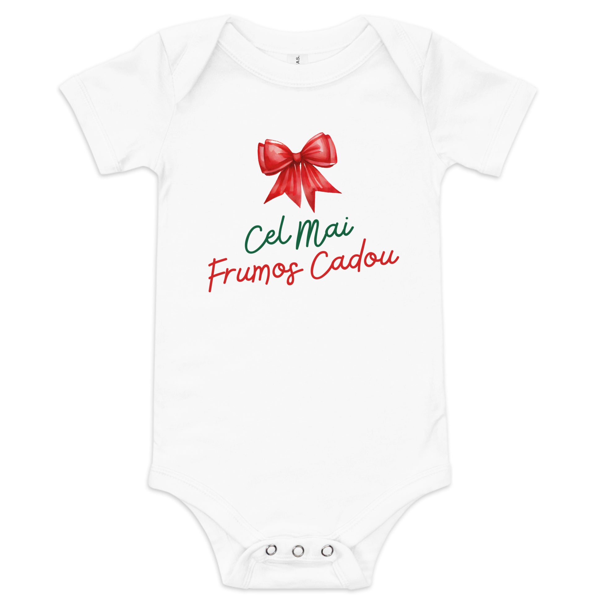 Romanian baby Christmas bodysuit with text Cel Mai Frumos Cadou and red bow – Balkanish design