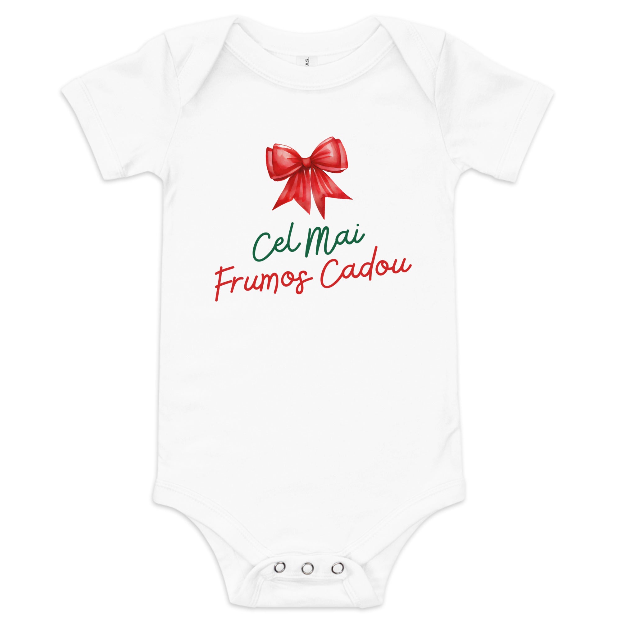 Romanian baby Christmas bodysuit with text Cel Mai Frumos Cadou and red bow – Balkanish design