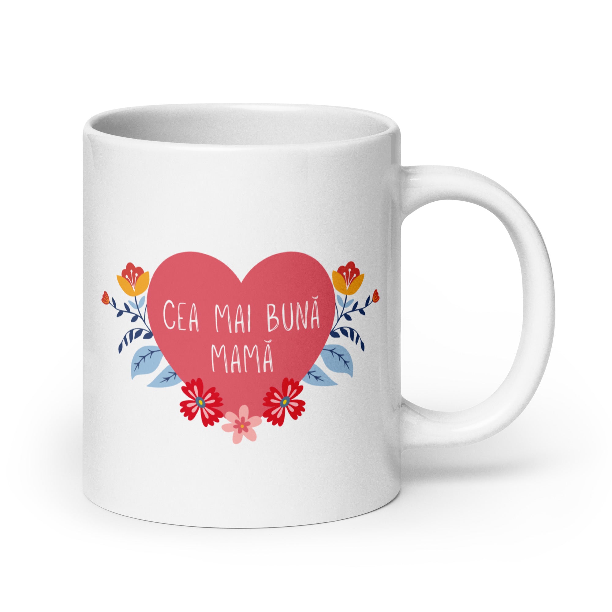 White mug with a heart and flowers reading “Cea mai bună mamă.”