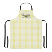 Yellow gingham apron with the phrase “Bucătăria Mamei” printed at the top.