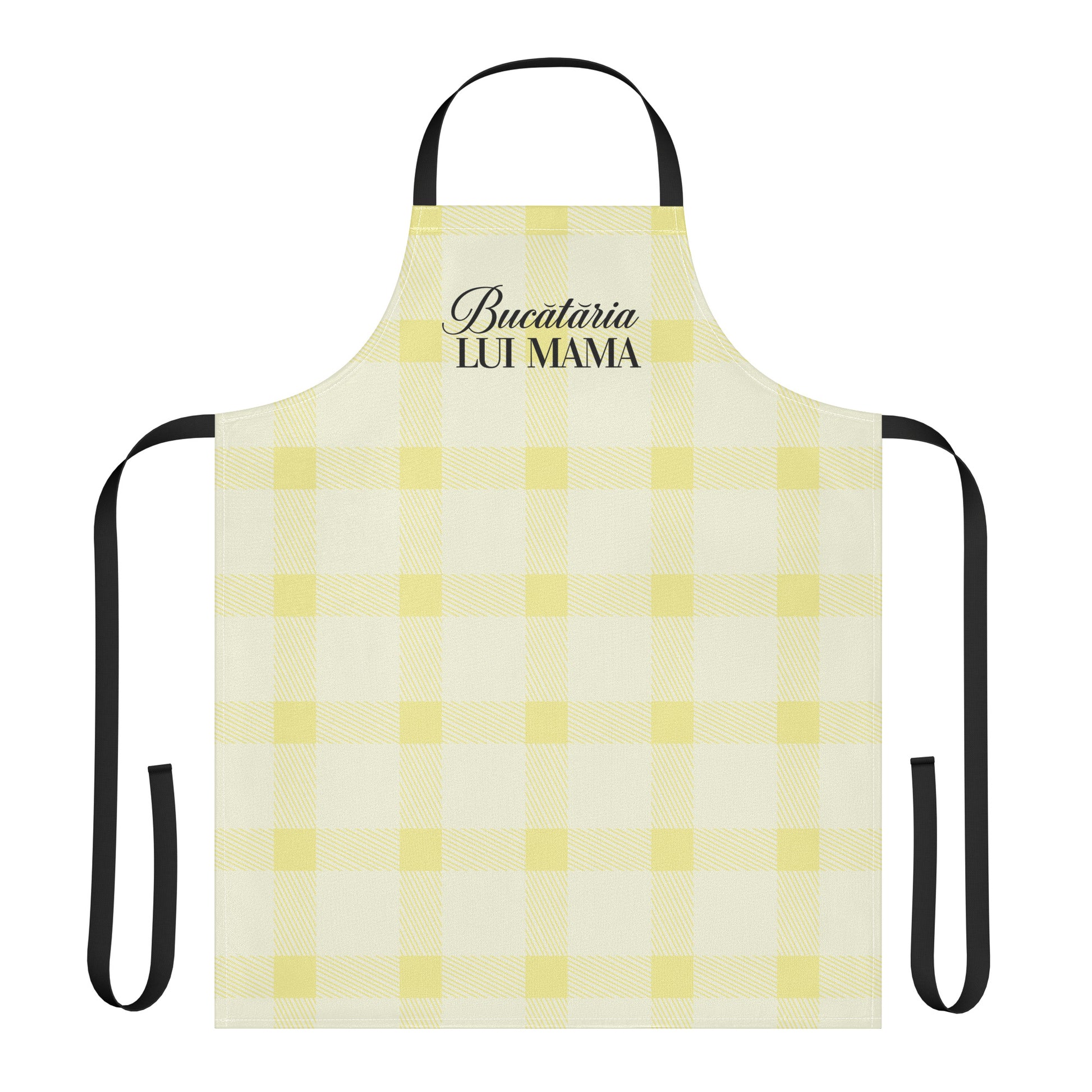 Yellow gingham apron with the phrase “Bucătăria Mamei” printed at the top.